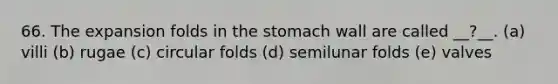 66. The expansion folds in the stomach wall are called __?__. (a) villi (b) rugae (c) circular folds (d) semilunar folds (e) valves