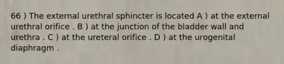 66 ) The external urethral sphincter is located A ) at the external urethral orifice . B ) at the junction of the bladder wall and urethra . C ) at the ureteral orifice . D ) at the urogenital diaphragm .