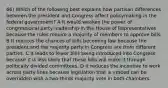 66) Which of the following best explains how partisan differences between the president and Congress affect policymaking in the federal government? A It would weaken the power of congressional party leadership in the House of Representatives because the rules require a majority of members to approve bills. B It reduces the chances of bills becoming law because the president and the majority party in Congress are from different parties. C It leads to fewer bills being introduced into Congress because it is less likely that these bills will make it through politically divided committees. D It reduces the incentive to work across party lines because legislation that is vetoed can be overridden with a two-thirds majority vote in both chambers.