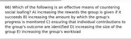 66) Which of the following is an effective means of countering social loafing? A) increasing the rewards the group is given if it succeeds B) increasing the amount by which the group's progress is monitored C) ensuring that individual contributions to the group's outcome are identified D) increasing the size of the group E) increasing the group's workload