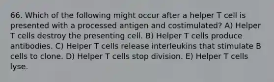 66. Which of the following might occur after a helper T cell is presented with a processed antigen and costimulated? A) Helper T cells destroy the presenting cell. B) Helper T cells produce antibodies. C) Helper T cells release interleukins that stimulate B cells to clone. D) Helper T cells stop division. E) Helper T cells lyse.