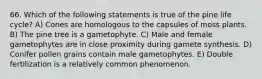 66. Which of the following statements is true of the pine life cycle? A) Cones are homologous to the capsules of moss plants. B) The pine tree is a gametophyte. C) Male and female gametophytes are in close proximity during gamete synthesis. D) Conifer pollen grains contain male gametophytes. E) Double fertilization is a relatively common phenomenon.