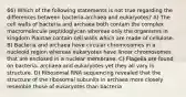 66) Which of the following statements is not true regarding the differences between bacteria-archaea and eukaryotes? A) The cell walls of bacteria and archaea both contain the complex macromolecule peptidoglycan whereas only the organisms in kingdom Plantae contain cell walls which are made of cellulose. B) Bacteria and archaea have circular chromosomes in a nucleoid region whereas eukaryotes have linear chromosomes that are enclosed in a nuclear membrane. C) Flagella are found on bacteria- archaea and eukaryotes yet they all vary in structure. D) Ribosomal RNA sequencing revealed that the structure of the ribosomal subunits in archaea more closely resemble those of eukaryotes than bacteria