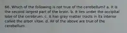 66. Which of the following is not true of the cerebellum? a. It is the second largest part of the brain. b. It lies under the occipital lobe of the cerebrum. c. It has gray matter tracts in its interior called the arbor vitae. d. All of the above are true of the cerebellum.