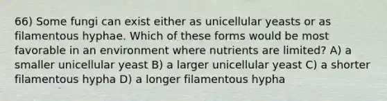 66) Some fungi can exist either as unicellular yeasts or as filamentous hyphae. Which of these forms would be most favorable in an environment where nutrients are limited? A) a smaller unicellular yeast B) a larger unicellular yeast C) a shorter filamentous hypha D) a longer filamentous hypha