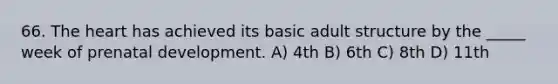 66. The heart has achieved its basic adult structure by the _____ week of prenatal development. A) 4th B) 6th C) 8th D) 11th