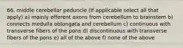 66. middle cerebellar peduncle (If applicable select all that apply) a) mainly efferent axons from cerebellum to brainstem b) connects medulla oblongata and cerebellum c) continuous with transverse fibers of the pons d) discontinuous with transverse fibers of the pons e) all of the above f) none of the above