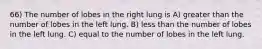 66) The number of lobes in the right lung is A) greater than the number of lobes in the left lung. B) less than the number of lobes in the left lung. C) equal to the number of lobes in the left lung.