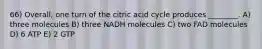 66) Overall, one turn of the citric acid cycle produces ________. A) three molecules B) three NADH molecules C) two FAD molecules D) 6 ATP E) 2 GTP