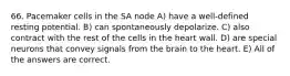 66. Pacemaker cells in the SA node A) have a well-defined resting potential. B) can spontaneously depolarize. C) also contract with the rest of the cells in the heart wall. D) are special neurons that convey signals from the brain to the heart. E) All of the answers are correct.