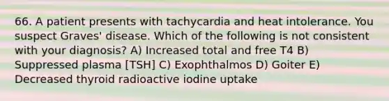 66. A patient presents with tachycardia and heat intolerance. You suspect Graves' disease. Which of the following is not consistent with your diagnosis? A) Increased total and free T4 B) Suppressed plasma [TSH] C) Exophthalmos D) Goiter E) Decreased thyroid radioactive iodine uptake