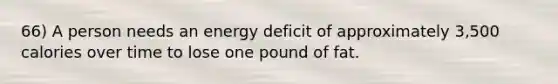 66) A person needs an energy deficit of approximately 3,500 calories over time to lose one pound of fat.