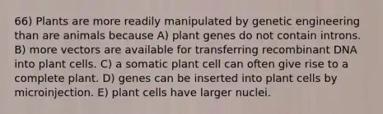 66) Plants are more readily manipulated by genetic engineering than are animals because A) plant genes do not contain introns. B) more vectors are available for transferring recombinant DNA into plant cells. C) a somatic plant cell can often give rise to a complete plant. D) genes can be inserted into plant cells by microinjection. E) plant cells have larger nuclei.