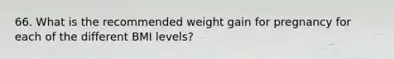 66. What is the recommended weight gain for pregnancy for each of the different BMI levels?