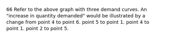 66 Refer to the above graph with three demand curves. An "increase in quantity demanded" would be illustrated by a change from point 4 to point 6. point 5 to point 1. point 4 to point 1. point 2 to point 5.