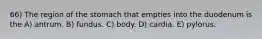 66) The region of the stomach that empties into the duodenum is the A) antrum. B) fundus. C) body. D) cardia. E) pylorus.