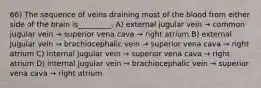 66) The sequence of veins draining most of the blood from either side of the brain is_________. A) external jugular vein → common jugular vein → superior vena cava → right atrium B) external jugular vein → brachiocephalic vein → superior vena cava → right atrium C) internal jugular vein → superior vena cava → right atrium D) internal jugular vein → brachiocephalic vein → superior vena cava → right atrium