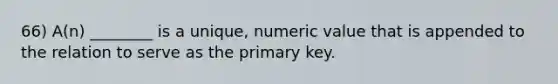 66) A(n) ________ is a unique, numeric value that is appended to the relation to serve as the primary key.