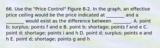 66. Use the "Price Control" Figure 8-2. In the graph, an effective price ceiling would be the price indicated at ________ and a ________ would exist as the difference between ________. A. point b; surplus; points f and e B. point b; shortage; points f and e C. point d; shortage; points i and h D. point d; surplus; points e and h E. point d; shortage; points g and h