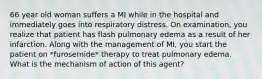 66 year old woman suffers a MI while in the hospital and immediately goes into respiratory distress. On examination, you realize that patient has flash pulmonary edema as a result of her infarction. Along with the management of MI, you start the patient on *furosemide* therapy to treat pulmonary edema. What is the mechanism of action of this agent?