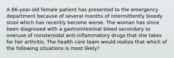 A 66-year-old female patient has presented to the emergency department because of several months of intermittently bloody stool which has recently become worse. The woman has since been diagnosed with a gastrointestinal bleed secondary to overuse of nonsteroidal anti-inflammatory drugs that she takes for her arthritis. The health care team would realize that which of the following situations is most likely?