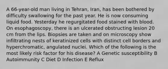 A 66-year-old man living in Tehran, Iran, has been bothered by difficulty swallowing for the past year. He is now consuming liquid food. Yesterday he regurgitated food stained with blood. On esophagoscopy, there is an ulcerated obstructing lesion 20 cm from the lips. Biopsies are taken and on microscopy show infiltrating nests of keratinized cells with distinct cell borders and hyperchromatic, angulated nuclei. Which of the following is the most likely risk factor for his disease? A Genetic susceptibility B Autoimmunity C Diet D Infection E Reflux