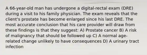 A 66-year-old man has undergone a digital-rectal exam (DRE) during a visit to his family physician. The exam reveals that the client's prostate has become enlarged since his last DRE. The most accurate conclusion that his care provider will draw from these findings is that they suggest: A) Prostate cancer B) A risk of malignancy that should be followed up C) A normal age-related change unlikely to have consequences D) A urinary tract infection