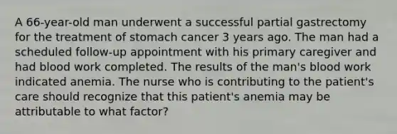 A 66-year-old man underwent a successful partial gastrectomy for the treatment of stomach cancer 3 years ago. The man had a scheduled follow-up appointment with his primary caregiver and had blood work completed. The results of the man's blood work indicated anemia. The nurse who is contributing to the patient's care should recognize that this patient's anemia may be attributable to what factor?