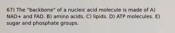 67) The "backbone" of a nucleic acid molecule is made of A) NAD+ and FAD. B) <a href='https://www.questionai.com/knowledge/k9gb720LCl-amino-acids' class='anchor-knowledge'>amino acids</a>. C) lipids. D) ATP molecules. E) sugar and phosphate groups.