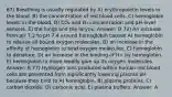 67) Breathing is usually regulated by A) erythropoietin levels in the blood. B) the concentration of red blood cells. C) hemoglobin levels in the blood. D) CO₂ and O₂ concentration and pH-level sensors. E) the lungs and the larynx. Answer: D 72) An increase from pH 7.2 to pH 7.4 around hemoglobin causes A) hemoglobin to release all bound oxygen molecules. B) an increase in the affinity of hemoglobin to bind oxygen molecules. C) hemoglobin to denature. D) an increase in the binding of H+ by hemoglobin. E) hemoglobin to more readily give up its oxygen molecules. Answer: B 77) Hydrogen ions produced within human red blood cells are prevented from significantly lowering plasma pH because they bind to A) hemoglobin. B) plasma proteins. C) carbon dioxide. D) carbonic acid. E) plasma buffers. Answer: A