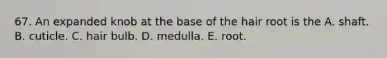 67. An expanded knob at the base of the hair root is the A. shaft. B. cuticle. C. hair bulb. D. medulla. E. root.