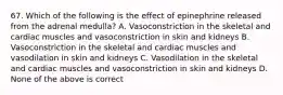 67. Which of the following is the effect of epinephrine released from the adrenal medulla? A. Vasoconstriction in the skeletal and cardiac muscles and vasoconstriction in skin and kidneys B. Vasoconstriction in the skeletal and cardiac muscles and vasodilation in skin and kidneys C. Vasodilation in the skeletal and cardiac muscles and vasoconstriction in skin and kidneys D. None of the above is correct