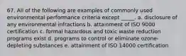 67. All of the following are examples of commonly used environmental performance criteria except _____. a. disclosure of any environmental infractions b. attainment of ISO 9000 certification c. formal hazardous and toxic waste reduction programs exist d. programs to control or eliminate ozone-depleting substances e. attainment of ISO 14000 certification