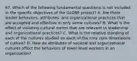 67. Which of the following fundamental questions is not included in the specific objectives of the GLOBE project? A. Are there leader behaviors, attributes, and organizational practices that are accepted and effective in only some cultures? B. What is the effect of violating cultural norms that are relevant to leadership and organizational practices? C. What is the relative standing of each of the cultures studied on each of the nine core dimensions of culture? D. How do attributes of societal and organizational cultures affect the behaviors of lower-level workers in an organization?