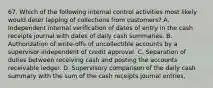 67. Which of the following internal control activities most likely would deter lapping of collections from customers? A. Independent internal verification of dates of entry in the cash receipts journal with dates of daily cash summaries. B. Authorization of write-offs of uncollectible accounts by a supervisor independent of credit approval. C. Separation of duties between receiving cash and posting the accounts receivable ledger. D. Supervisory comparison of the daily cash summary with the sum of the cash receipts journal entries.