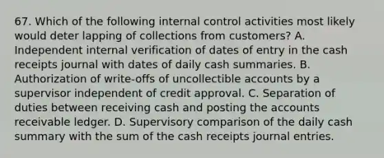 67. Which of the following <a href='https://www.questionai.com/knowledge/kjj42owoAP-internal-control' class='anchor-knowledge'>internal control</a> activities most likely would deter lapping of collections from customers? A. Independent internal verification of dates of entry in the cash receipts journal with dates of daily cash summaries. B. Authorization of write-offs of uncollectible accounts by a supervisor independent of credit approval. C. Separation of duties between receiving cash and posting the accounts receivable ledger. D. Supervisory comparison of the daily cash summary with the sum of the cash receipts <a href='https://www.questionai.com/knowledge/k7UlY65VeM-journal-entries' class='anchor-knowledge'>journal entries</a>.