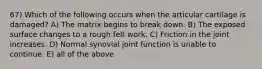 67) Which of the following occurs when the articular cartilage is damaged? A) The matrix begins to break down. B) The exposed surface changes to a rough felt work. C) Friction in the joint increases. D) Normal synovial joint function is unable to continue. E) all of the above