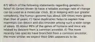 67) Which of the following statements regarding genetics is false? A) Genes shown to have a reliable average rate of change can be used as a molecular clock. B) In keeping with our greater complexity, the human genome has about 100 times more genes than that of yeast. C) Gene duplication helps to explain how mammals can detect and discriminate among such a wide range of odors. D) About 99% of the genes of humans and mice are related by descent from a common ancestor. E) The more recently two species have branched from a common ancestor, the more similar we expect their DNA sequences to be.