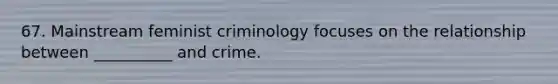 67. Mainstream feminist criminology focuses on the relationship between __________ and crime.