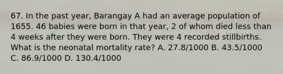 67. In the past year, Barangay A had an average population of 1655. 46 babies were born in that year, 2 of whom died <a href='https://www.questionai.com/knowledge/k7BtlYpAMX-less-than' class='anchor-knowledge'>less than</a> 4 weeks after they were born. They were 4 recorded stillbirths. What is the neonatal mortality rate? A. 27.8/1000 B. 43.5/1000 C. 86.9/1000 D. 130.4/1000