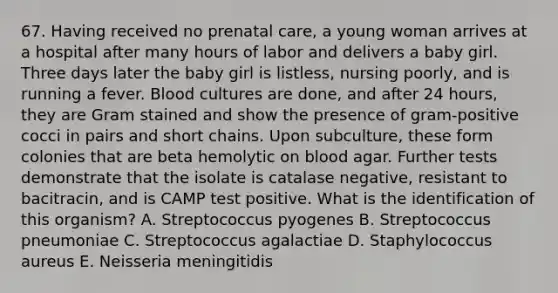 67. Having received no <a href='https://www.questionai.com/knowledge/k4ilvqalFS-prenatal-care' class='anchor-knowledge'>prenatal care</a>, a young woman arrives at a hospital after many hours of labor and delivers a baby girl. Three days later the baby girl is listless, nursing poorly, and is running a fever. Blood cultures are done, and after 24 hours, they are Gram stained and show the presence of gram-positive cocci in pairs and short chains. Upon subculture, these form colonies that are beta hemolytic on blood agar. Further tests demonstrate that the isolate is catalase negative, resistant to bacitracin, and is CAMP test positive. What is the identification of this organism? A. Streptococcus pyogenes B. Streptococcus pneumoniae C. Streptococcus agalactiae D. Staphylococcus aureus E. Neisseria meningitidis