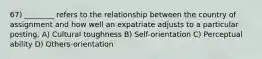 67) ________ refers to the relationship between the country of assignment and how well an expatriate adjusts to a particular posting. A) Cultural toughness B) Self-orientation C) Perceptual ability D) Others-orientation