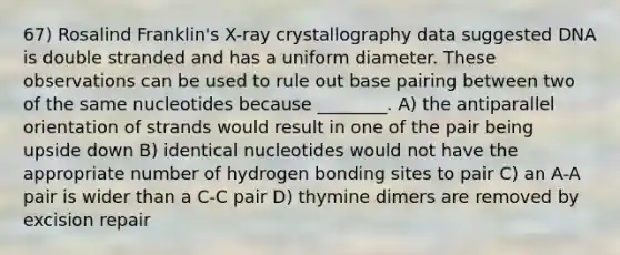 67) Rosalind Franklin's X-ray crystallography data suggested DNA is double stranded and has a uniform diameter. These observations can be used to rule out base pairing between two of the same nucleotides because ________. A) the antiparallel orientation of strands would result in one of the pair being upside down B) identical nucleotides would not have the appropriate number of hydrogen bonding sites to pair C) an A-A pair is wider than a C-C pair D) thymine dimers are removed by excision repair