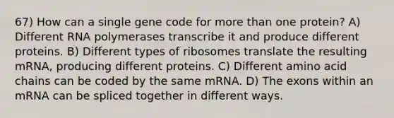 67) How can a single gene code for more than one protein? A) Different RNA polymerases transcribe it and produce different proteins. B) Different types of ribosomes translate the resulting mRNA, producing different proteins. C) Different amino acid chains can be coded by the same mRNA. D) The exons within an mRNA can be spliced together in different ways.