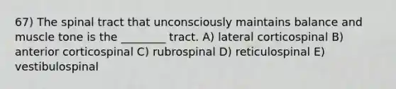 67) The spinal tract that unconsciously maintains balance and muscle tone is the ________ tract. A) lateral corticospinal B) anterior corticospinal C) rubrospinal D) reticulospinal E) vestibulospinal