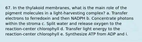 67. In the thylakoid membranes, what is the main role of the pigment molecules in a light-harvesting complex? a. Transfer electrons to ferredoxin and then NADPH b. Concentrate photons within the stroma c. Split water and release oxygen to the reaction-center chlorophyll d. Transfer light energy to the reaction-center chlorophyll e. Synthesize ATP from ADP and i.