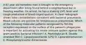 A 67 year old homeless man is brought to the emergency department after being found behind a neighborhood bar in freezing weather. On arrival, he has a shaking chill, fever and cough productive of blood-tinged sputum. A chest radiograph shows lobar consolidations consistent with bacterial pneumonia. Blood cultures are positive for Streptococcus pneumoniae. Which of the following molecular patterns recognized by Toll-like receptors expressed on the surface of this patient's phagocytes is important for activating his innate immune system against this gram-positive bacterial infection? A. Peptidoglycan B. Double stranded RNA C. Lipopolysaccharide (LPS) D. Lipoarabinomannan E. Phosphatidylinositol dimannoside