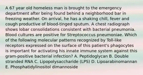 A 67 year old homeless man is brought to the emergency department after being found behind a neighborhood bar in freezing weather. On arrival, he has a shaking chill, fever and cough productive of blood-tinged sputum. A chest radiograph shows lobar consolidations consistent with bacterial pneumonia. Blood cultures are positive for Streptococcus pneumoniae. Which of the following molecular patterns recognized by Toll-like receptors expressed on the surface of this patient's phagocytes is important for activating his innate immune system against this gram-positive bacterial infection? A. Peptidoglycan B. Double stranded RNA C. Lipopolysaccharide (LPS) D. Lipoarabinomannan E. Phosphatidylinositol dimannoside