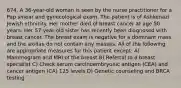 674. A 36-year-old woman is seen by the nurse practitioner for a Pap smear and gynecological exam. The patient is of Ashkenazi Jewish ethnicity. Her mother died of breast cancer at age 50 years. Her 57-year-old sister has recently been diagnosed with breast cancer. The breast exam is negative for a dominant mass and the axillae do not contain any masses. All of the following are appropriate measures for this patient except: A) Mammogram and MRI of the breast B) Referral to a breast specialist C) Check serum carcinoembryonic antigen (CEA) and cancer antigen (CA) 125 levels D) Genetic counseling and BRCA testing