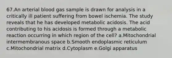 67.An arterial blood gas sample is drawn for analysis in a critically ill patient suffering from bowel ischemia. The study reveals that he has developed metabolic acidosis. The acid contributing to his acidosis is formed through a metabolic reaction occurring in which region of the cell? a.Mitochondrial intermembranous space b.Smooth endoplasmic reticulum c.Mitochondrial matrix d.Cytoplasm e.Golgi apparatus